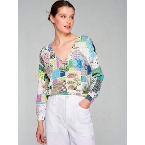 Vilagallo Multicolored Patchwork Cotton Light Knit V Neck Sweater, S